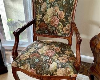 Casa Stradivari (NY) Fruitwood Louis XV Style Tapestry Dining Chairs; 2 armchairs and 4 side chairs available