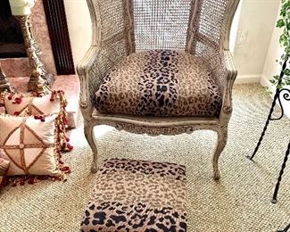 Cane-backed, Leopard Upholstered Bergere Chair & Ottoman