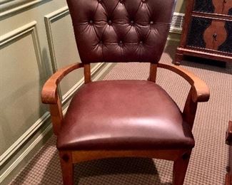 Wood & Leather Armed Desk Chair on Wheels w/Tufted Back