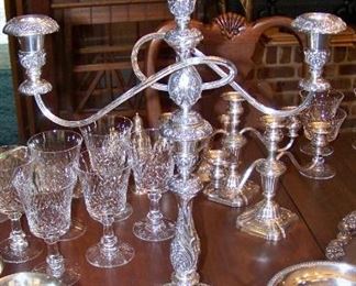 Ornate silverplate candleholders, pair