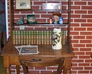 Oak desk w/shelf, iron stretch base