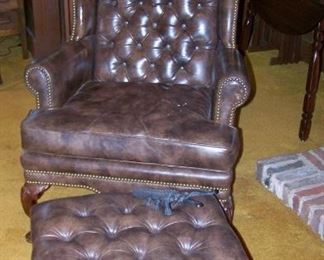 Leather wing chair, ottoman