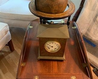 Early world globe. Brass Ansonia clock. 