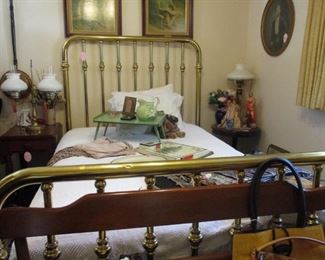 full size brass bed, prints & stands