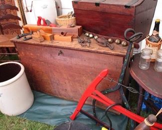 Large wooden box, saw, iron ice tongs, wood planes & more