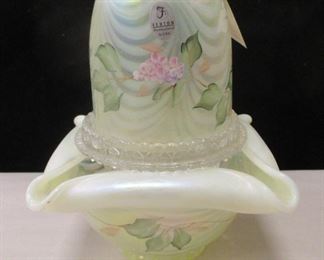 FENTON HAND PAINTED FAIRY LAMP. IMAGES OF HYDRANGEAS ON TOPAZ OPALESCENT 2040TP WITH PULLED FEATHER PATTERN. HEIGHT 7"