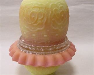 FENTON BURMESE SATIN FINISH PERSIAN MEDALLION FAIRY LAMP. PINK TO YELLOW COLOR. ASSEMBLED HEIGHT 6.5"