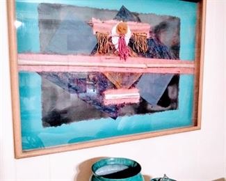 Painted cloth, paper, wood enclosed in heavy wood frame and  metal artwork.