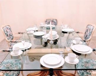 Dining Room featuring beautiful glass-top Guilded Gold-Leaf Table, 6 Arm Chairs & "Sango" China, 