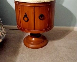 Unusual "USA Hickory Manufacturer" marble-top pedestal nightstand.