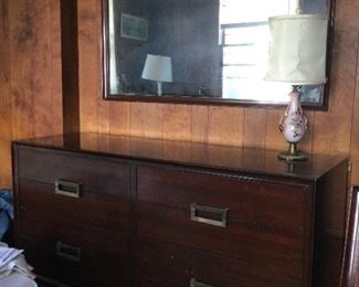 Mid century mahogany double dresser and mirror, Red Lion Furniture 