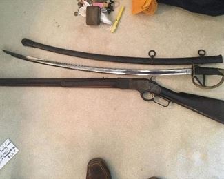 Top: Civil War Model 1860 US Cavalry Sword By Christopher Roby W. Chelmsford, MA 1865, Bottom: ANTIQUE Model 1873 Winchester Saddle Ring Carbine Rifle