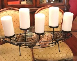 Centerpiece with Metal Basket, Pillar Candles and Grapevine Balls