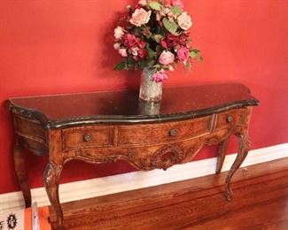 Marble Top Server and Floral Arrangement