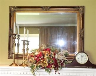 Mirror, Mantle Clock, Candlesticks and Faux Floral Arrangement