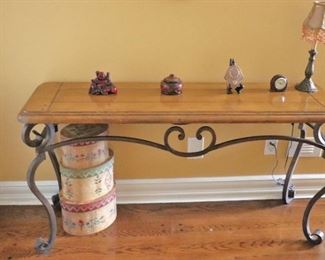 Console Table with Metal Base and Wood top, with Decorative Items, Small Lamp