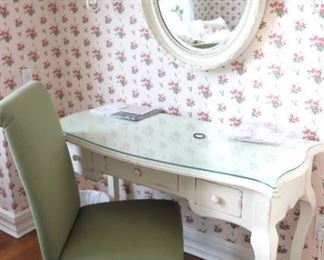 Desk with Protective Glass Top, Desk Chair and Oval Mirror