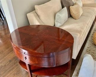 Swirl Mahogany Rosenau Bolier & Company oval side table with drawer and pull out tray