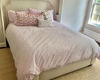 Serena & Lilly Fillmore Queen Bed in Belgian Linen with nail head trim.  John Robeshaw linens sold separately.
