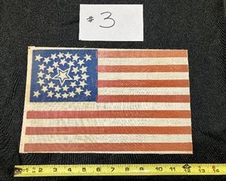 $4000
35 star double medallion parade flag commemorating West Virginia's statehood in 1863. Screen printed on starched cotton muslin with raw cut edges. Separate strip down right side with nail holes.