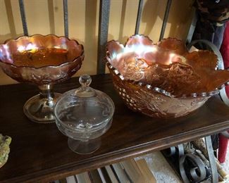 Carnival glass punch bowl and compote.