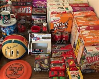 NASCAR collectibles, including a collection of unopened cereal boxes.