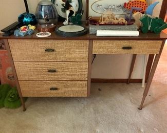 Vintage desk with faux burlap/grasscloth laminate.