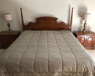 Thomasville king-size bed with burl wood headboard; two matching Thomasville burl wood nightstands.