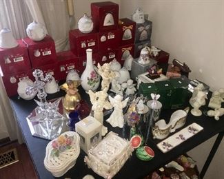 Snowbabies, Lladro bells, Swarovski ornaments, Angels, Crystal, collectible display stands