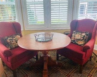 Club Chairs,  Round Oak 48" Dining Table with 2 Leaves