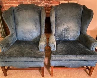 Pair Blue Crushed Velvet Wingback Chairs