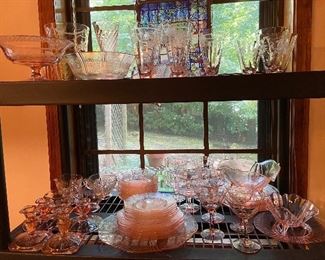 Collection of Pink Depression Glass ( American Sweetheart Berry Bowl Set, Sandwich Serving Plate, Salad Plates & Bread Plates)