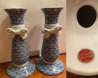 Pair Blue & White Enesco Japan Porcelain Candlesticks