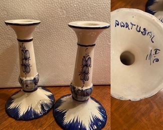 Blue & White Hand Painted Portugal Candlesticks