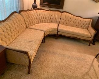 #1	Gold Fabric Corner Vintage Sofa (as is fabric) w/wood arms and legs/Trim  w/button Back made by Union Brothers  Sectional 3 pcs.   2-47" Ends, corner pc 5' Long  81x81 overall	 $75.00 
