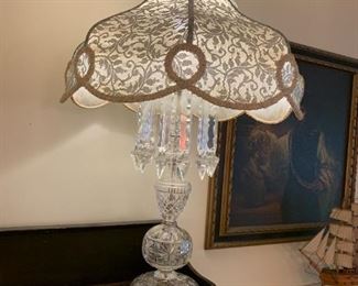 #12	Cut Crystal Lamp w/Heavy Hanging Glass Prisms w/vintage shade  40" Tall	 $200.00 
