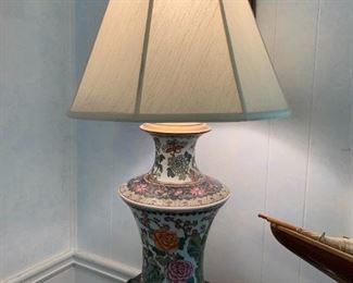 #32	Blue/Rose Ceramic Lamp 30" Tall w/butterflies  on Brass Base & Top 	 $75.00 

