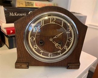 #34	Wood  Mantle Clock (Smith Co.) missing Key - 9x5x8	 $75.00 
