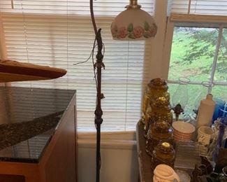 #35	Iron Base Floor lamp w/Rose Glass shade 61" Tall - Heavy (as is needs plug)	 $75.00 
