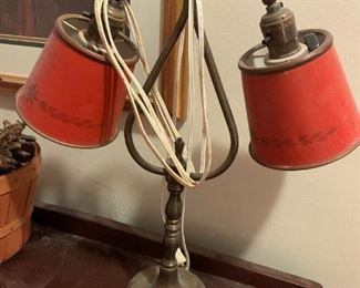 #94	Brass Base w/red metal Shades  17" Tall	 $30.00 
