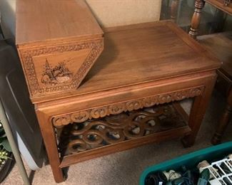 #118	Step Carved End Table w/carving on Sides w/carved shelf on Bottom  27x18x29	 $100.00 

