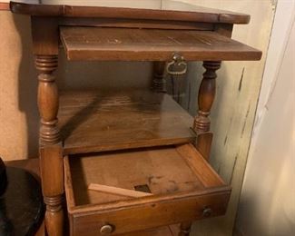 #120	Solid Walnut End Table w/pull-out tray, drawer and Shelf 18x19x29 (as is finish)	 $60.00 
