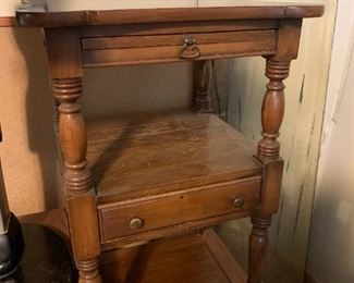 #120	Solid Walnut End Table w/pull-out tray, drawer and Shelf 18x19x29 (as is finish)	 $60.00 
