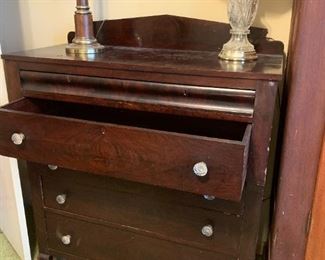#145	Antique Wood 6 drawer Chest of Drawers w/wood backsplash (keyed top drawers)  44x21x46  Hand-dovetailed - you move upstairs	 $400.00 
