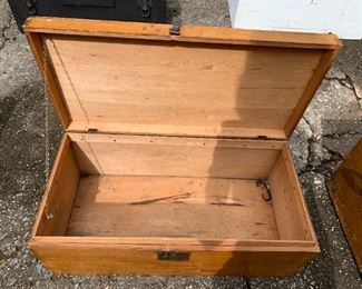 #208	Small Wooden Trunk w/Iron Handles (as is handle on side) 28x14x10 w/dove-tailed sides	 $30.00 
