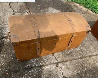 #209	Camel Back Wood Trunk w/Metal Straps across top (as is) 34x15x16	 $30.00 
