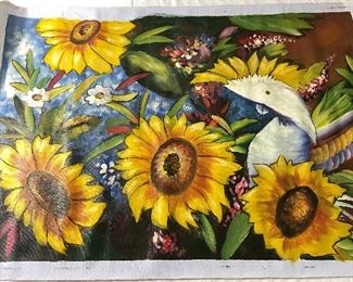 Oil On Canvas of a White Parrot and Sunflowers