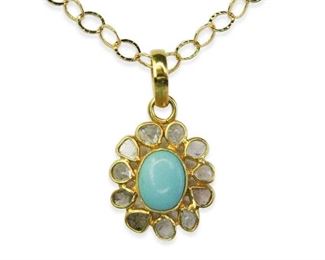 Very Pretty Turquoise and Diamond Necklace 14kt Over Sterling Silver