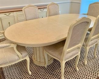 $750  Uncommon Design double pedestal faux painted dining table.  29" H, 84" L (plus 2-18" leaves), 44" W.  Chairs sold separately.
