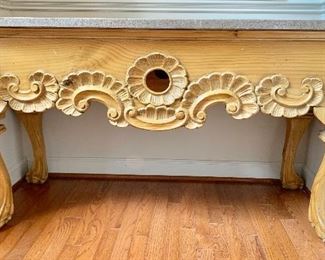 $450 Queen Anne style console table with marble top 30" H, 53.5" W, 22.5" D.